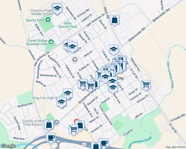map of restaurants, bars, coffee shops, grocery stores, and more near 427 Ellis Street in King City