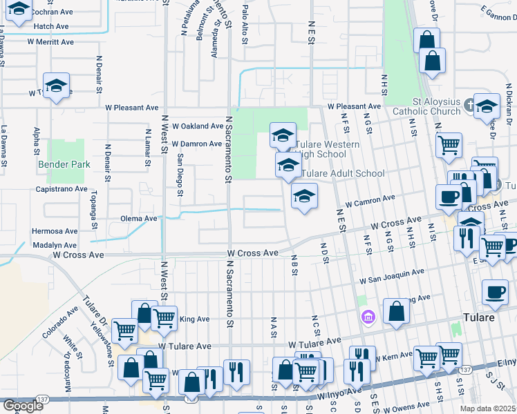 map of restaurants, bars, coffee shops, grocery stores, and more near 948 West Vieira Avenue in Tulare