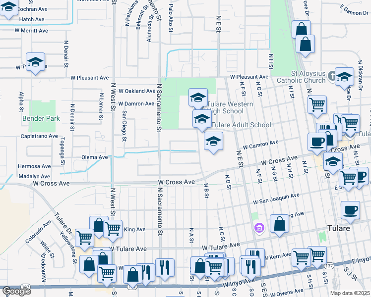 map of restaurants, bars, coffee shops, grocery stores, and more near 948 West Vieira Avenue in Tulare