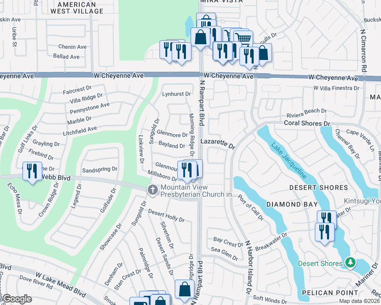 map of restaurants, bars, coffee shops, grocery stores, and more near 2828 Morning Ridge Drive in Las Vegas