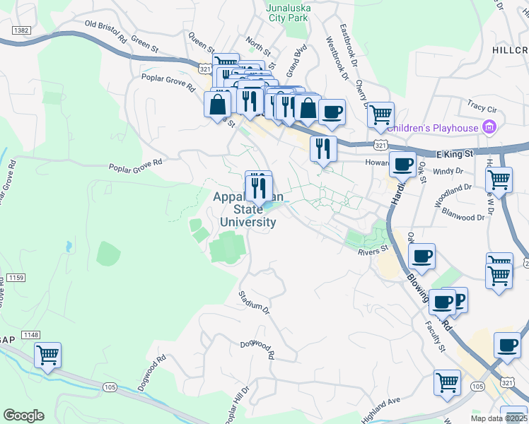 map of restaurants, bars, coffee shops, grocery stores, and more near 170 Stadium Drive in Boone