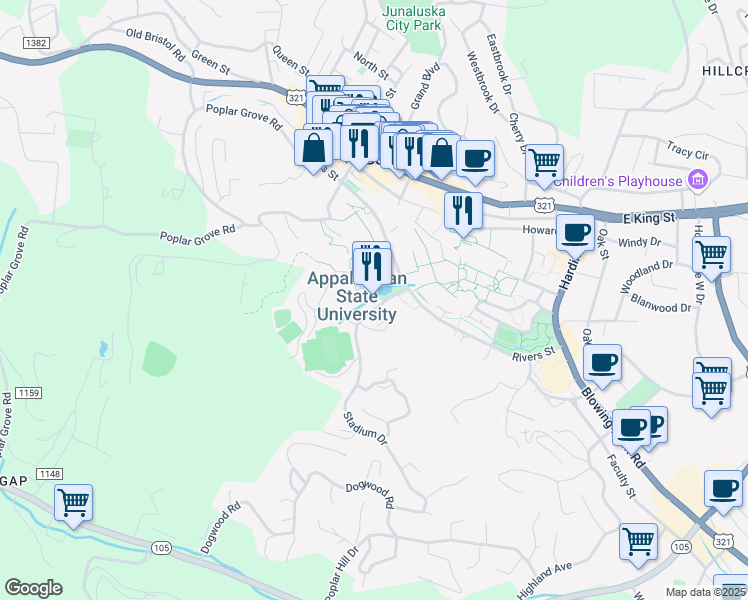 map of restaurants, bars, coffee shops, grocery stores, and more near 170 Stadium Drive in Boone