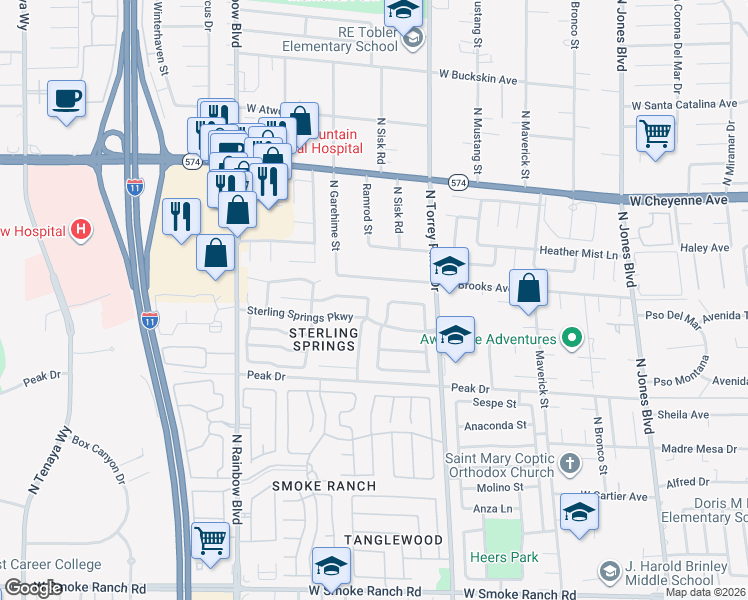 map of restaurants, bars, coffee shops, grocery stores, and more near 2916 Sterling Silver Street in Las Vegas