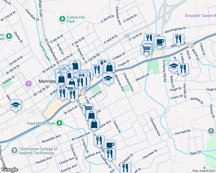 map of restaurants, bars, coffee shops, grocery stores, and more near Hurricane Lane in Morristown