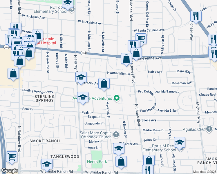 map of restaurants, bars, coffee shops, grocery stores, and more near 6155 West Brooks Avenue in Las Vegas