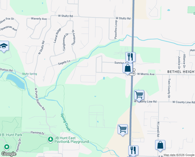 map of restaurants, bars, coffee shops, grocery stores, and more near 3187 Oglethorpe Street in Springdale