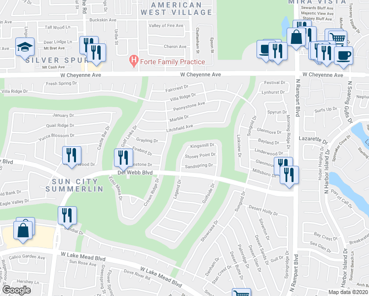 map of restaurants, bars, coffee shops, grocery stores, and more near 2905 Legend Drive in Las Vegas