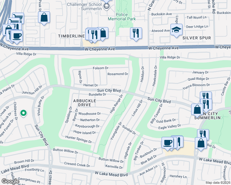 map of restaurants, bars, coffee shops, grocery stores, and more near 9821 Bundella Drive in Las Vegas
