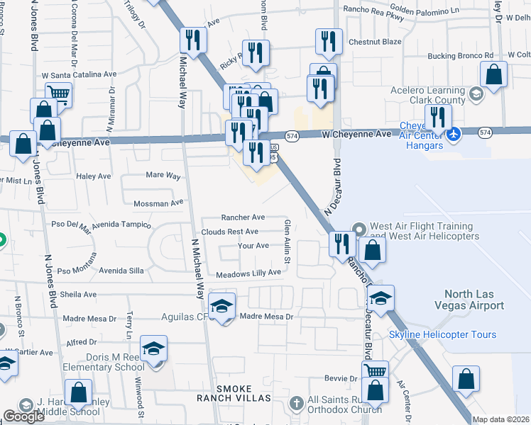 map of restaurants, bars, coffee shops, grocery stores, and more near 5105 Rancher Avenue in Las Vegas