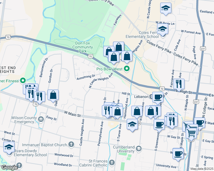 map of restaurants, bars, coffee shops, grocery stores, and more near 400 Morris Lane in Lebanon