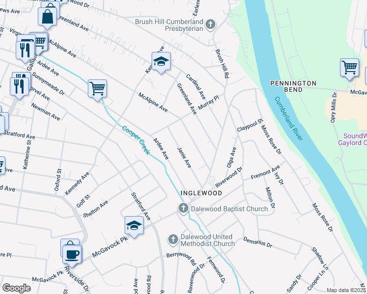 map of restaurants, bars, coffee shops, grocery stores, and more near 1428 Janie Avenue in Nashville