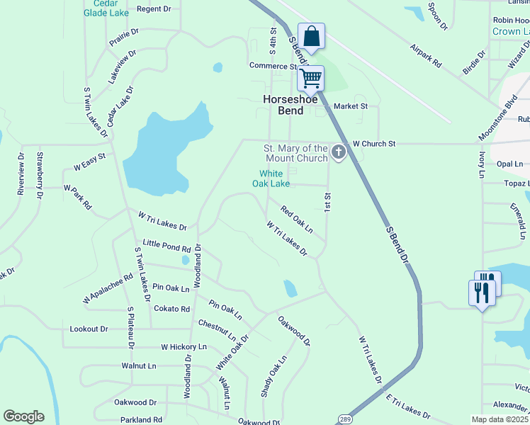 map of restaurants, bars, coffee shops, grocery stores, and more near 613 West Tri Lakes Drive in Horseshoe Bend