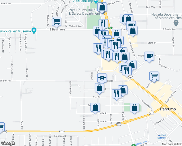 map of restaurants, bars, coffee shops, grocery stores, and more near 930 Short Street in Pahrump