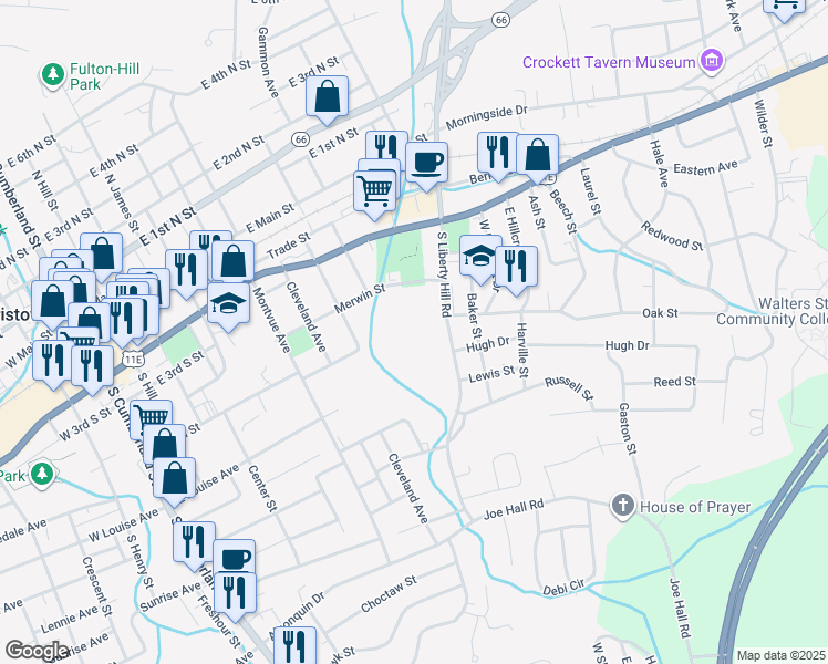 map of restaurants, bars, coffee shops, grocery stores, and more near 514 South Liberty Hill Road in Morristown