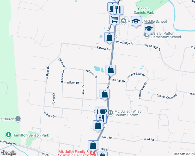 map of restaurants, bars, coffee shops, grocery stores, and more near 713 Hillview Drive in Mount Juliet