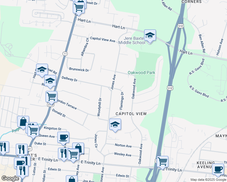 map of restaurants, bars, coffee shops, grocery stores, and more near 2619 Jones Avenue in Nashville