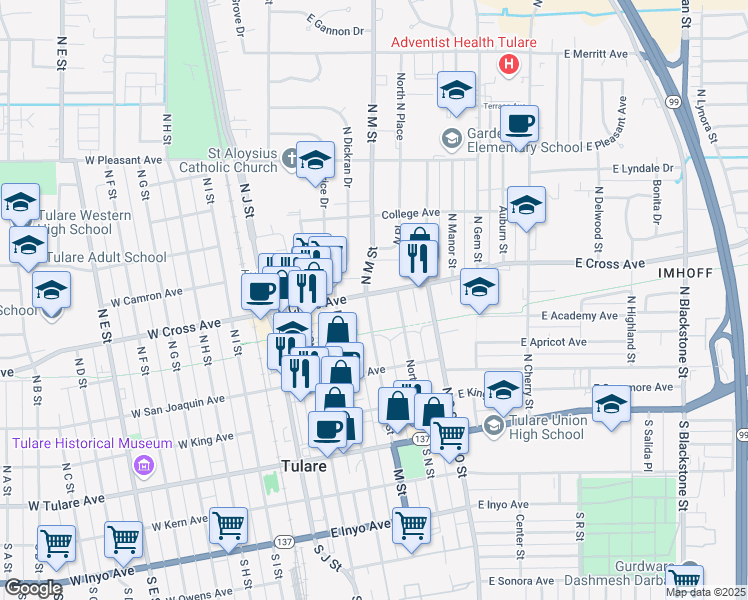 map of restaurants, bars, coffee shops, grocery stores, and more near 446 North M Street in Tulare