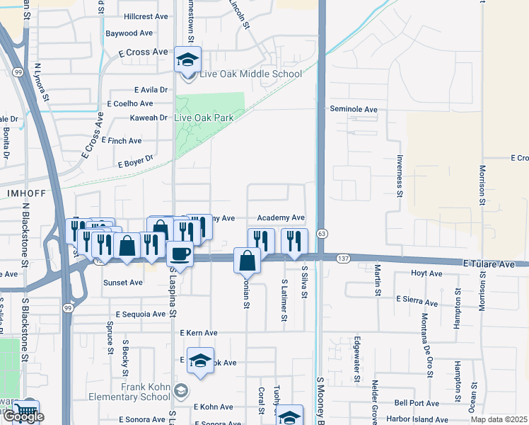 map of restaurants, bars, coffee shops, grocery stores, and more near 1947 Academy Avenue in Tulare