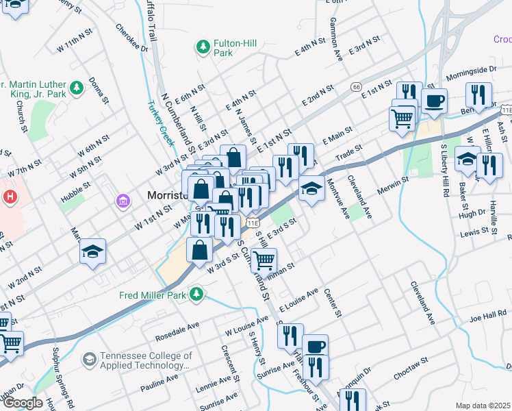 map of restaurants, bars, coffee shops, grocery stores, and more near 298 South Hill Street in Morristown