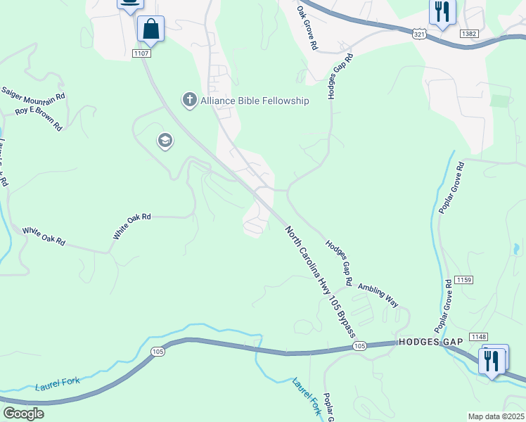 map of restaurants, bars, coffee shops, grocery stores, and more near 157 Maplewood Circle in Boone