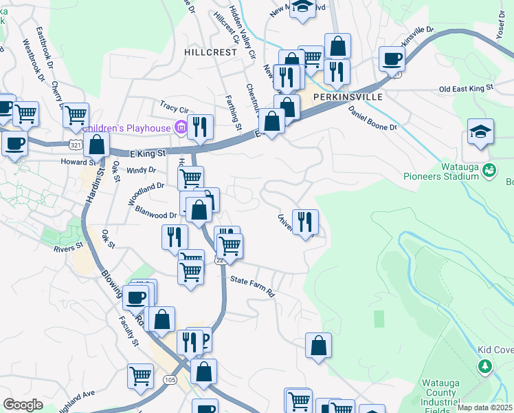 map of restaurants, bars, coffee shops, grocery stores, and more near 165 Robin Lane in Boone