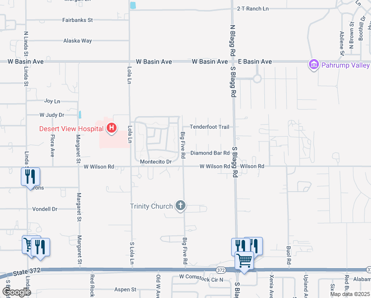 map of restaurants, bars, coffee shops, grocery stores, and more near 421 Big Five Road in Pahrump