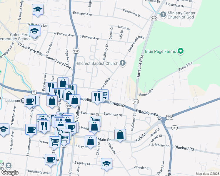 map of restaurants, bars, coffee shops, grocery stores, and more near 418 Highland Court in Lebanon