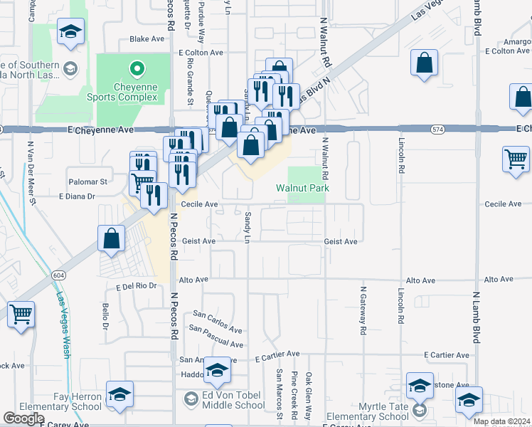 map of restaurants, bars, coffee shops, grocery stores, and more near 3749 Carlyle Drive in Las Vegas