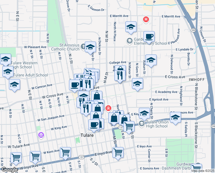 map of restaurants, bars, coffee shops, grocery stores, and more near 446 North M Street in Tulare