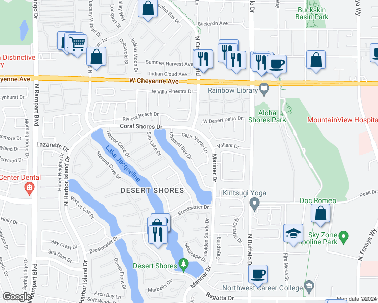 map of restaurants, bars, coffee shops, grocery stores, and more near 2908 Channel Bay Drive in Las Vegas