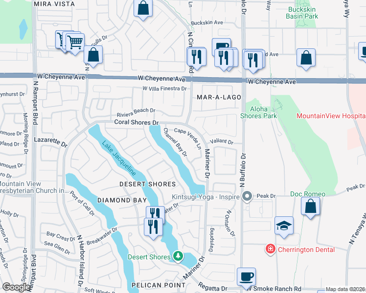 map of restaurants, bars, coffee shops, grocery stores, and more near 2908 Channel Bay Drive in Las Vegas