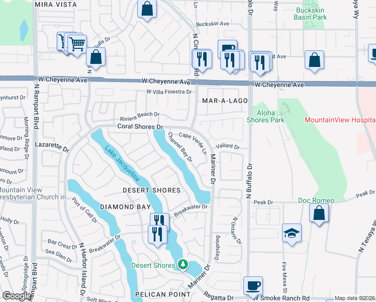 map of restaurants, bars, coffee shops, grocery stores, and more near 2861 Channel Bay Drive in Las Vegas