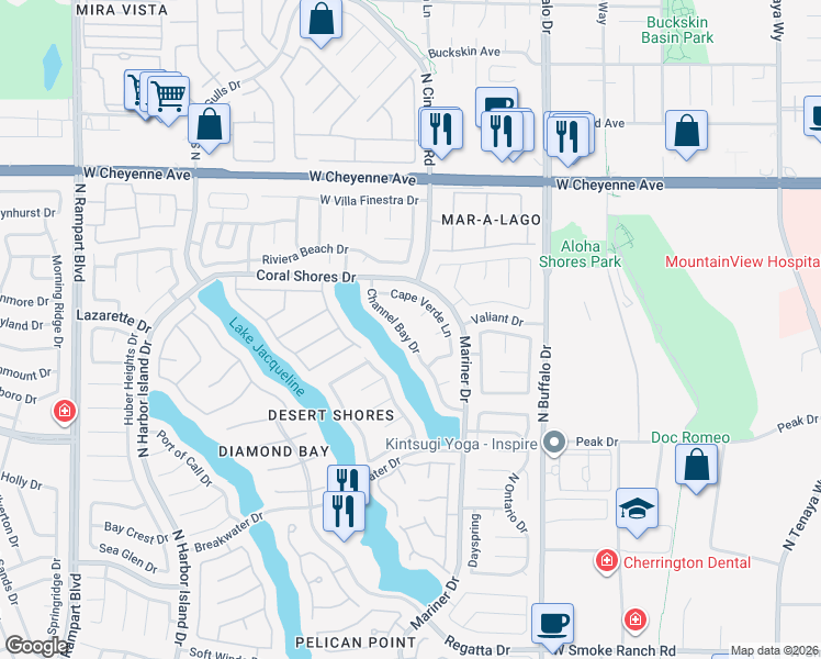 map of restaurants, bars, coffee shops, grocery stores, and more near 2861 Channel Bay Drive in Las Vegas