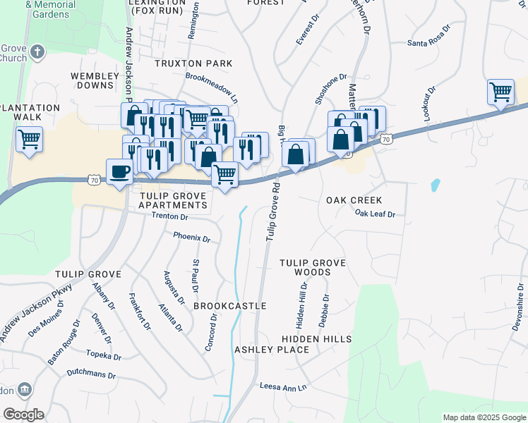 map of restaurants, bars, coffee shops, grocery stores, and more near 512 Tulip Grove Road in Nashville