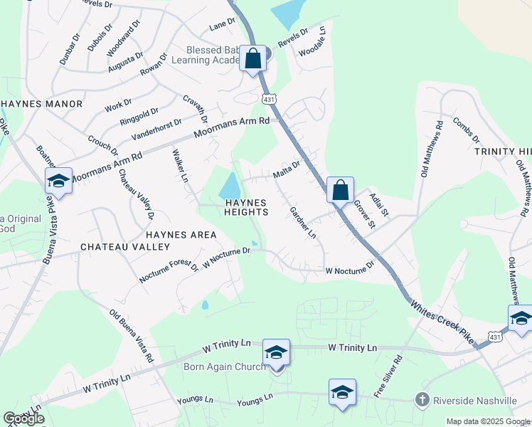 map of restaurants, bars, coffee shops, grocery stores, and more near 2513 Shreeve Lane in Nashville