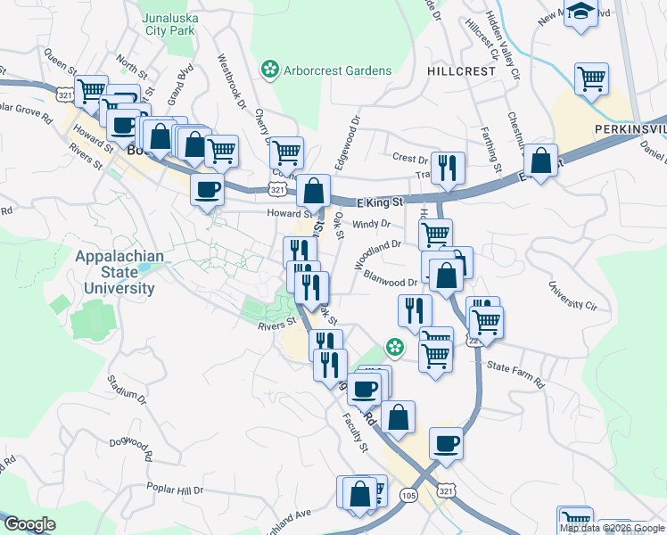 map of restaurants, bars, coffee shops, grocery stores, and more near Oak Street in Boone