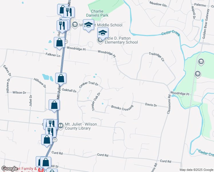 map of restaurants, bars, coffee shops, grocery stores, and more near 8023 Meadowview Lane in Mount Juliet