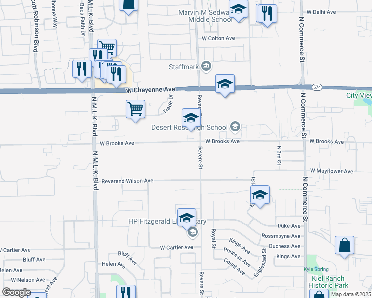 map of restaurants, bars, coffee shops, grocery stores, and more near Revere Street in North Las Vegas