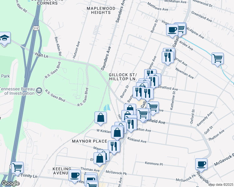 map of restaurants, bars, coffee shops, grocery stores, and more near 3706 Hilltop Lane in Nashville