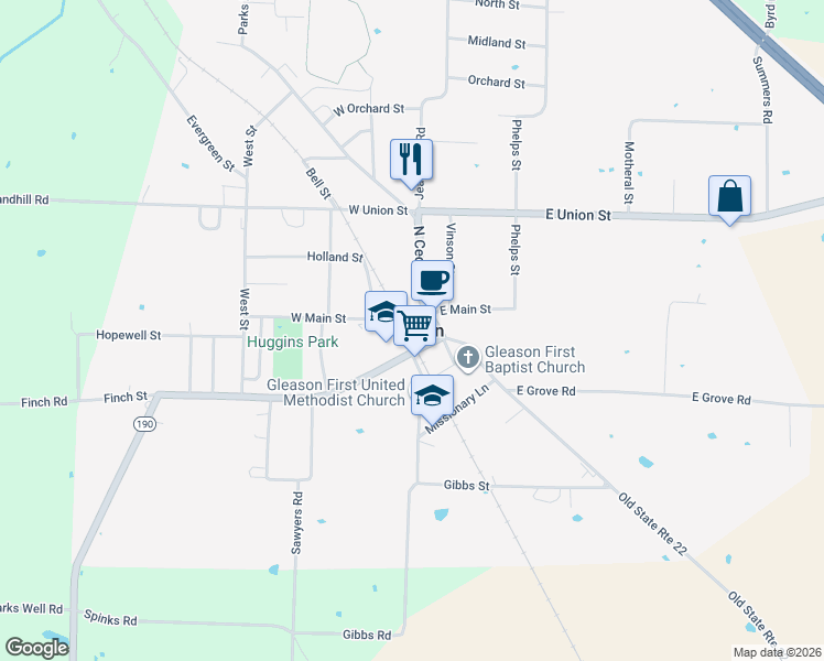 map of restaurants, bars, coffee shops, grocery stores, and more near in Gleason
