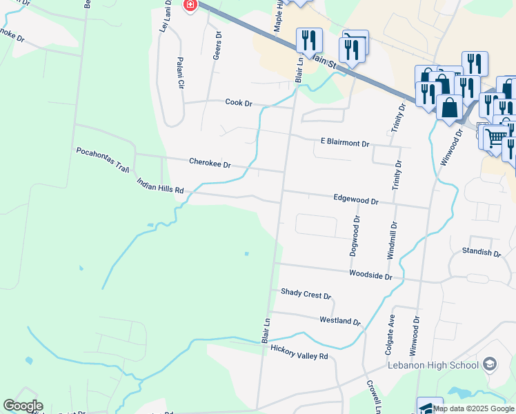 map of restaurants, bars, coffee shops, grocery stores, and more near 1704 Indian Hills Road in Lebanon