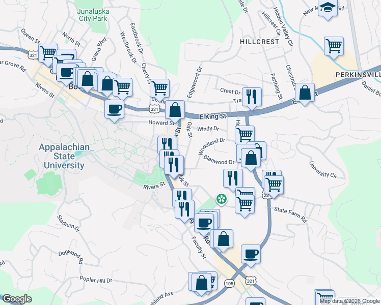 map of restaurants, bars, coffee shops, grocery stores, and more near 360 Woodland Drive in Boone