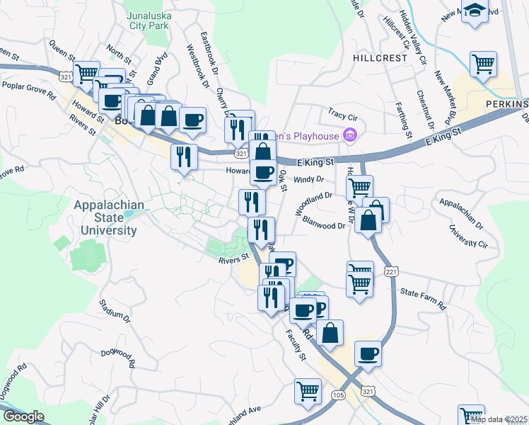 map of restaurants, bars, coffee shops, grocery stores, and more near 345 Blowing Rock Road in Boone