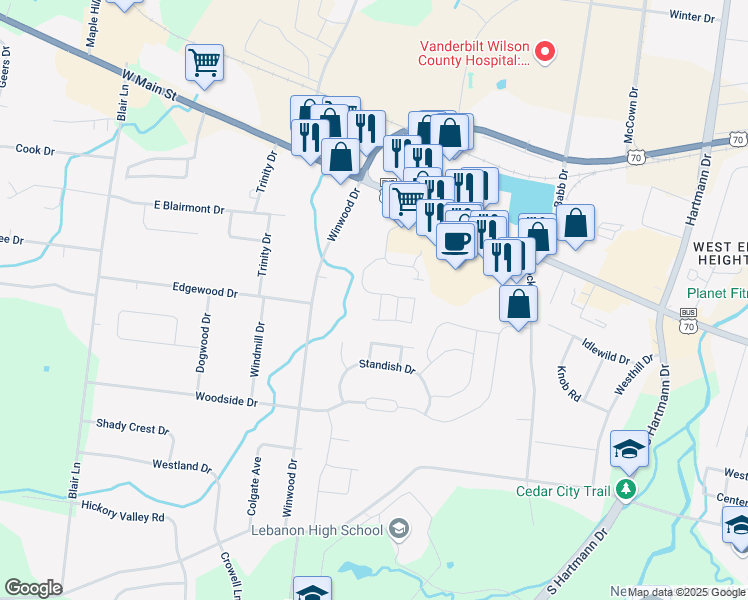 map of restaurants, bars, coffee shops, grocery stores, and more near 302 Ridgecreek Crossing in Lebanon