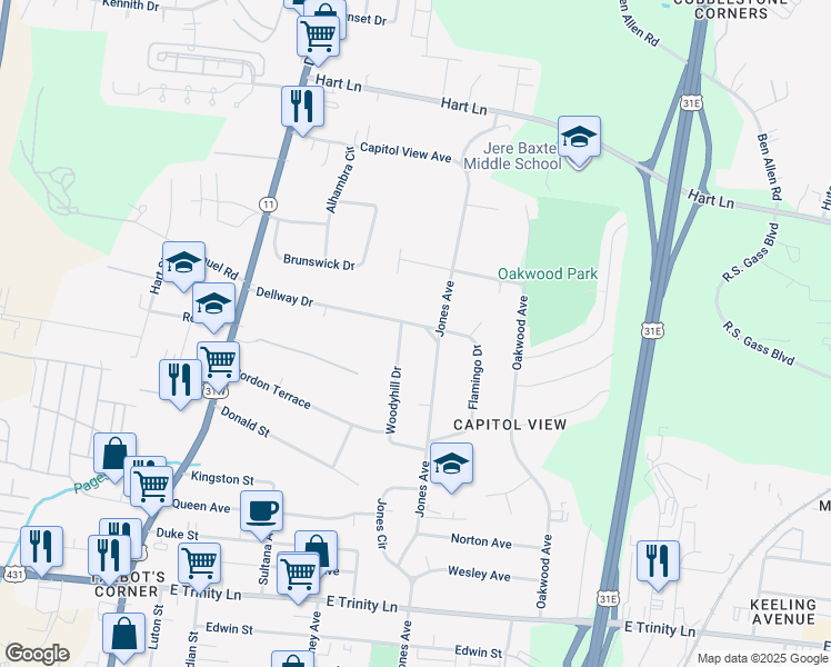 map of restaurants, bars, coffee shops, grocery stores, and more near 2612 Jones Avenue in Nashville