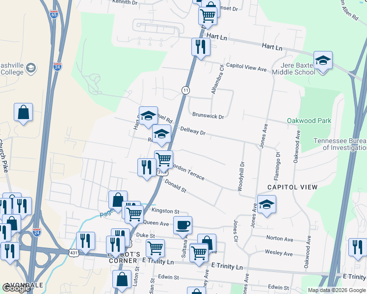 map of restaurants, bars, coffee shops, grocery stores, and more near 345 Dellway Villa Road in Nashville