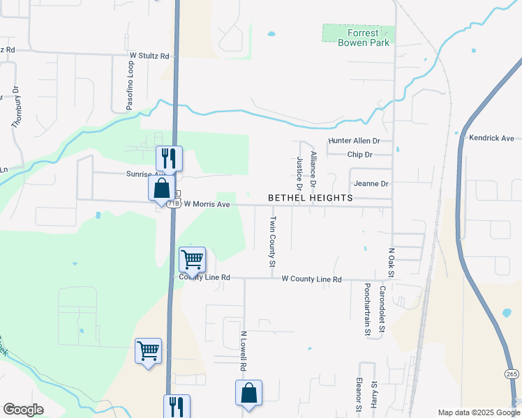 map of restaurants, bars, coffee shops, grocery stores, and more near 3209 Memory Lane in Springdale