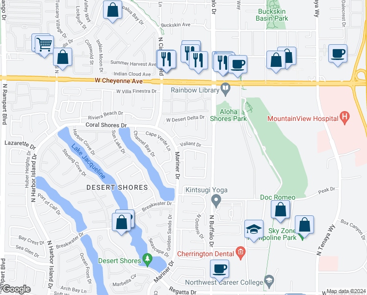 map of restaurants, bars, coffee shops, grocery stores, and more near 7648 Botany Bay Drive in Las Vegas