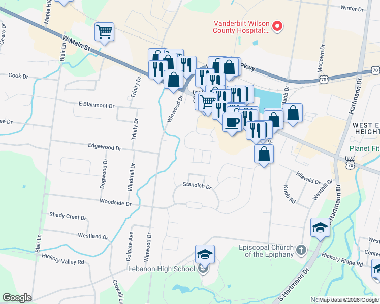 map of restaurants, bars, coffee shops, grocery stores, and more near 100 Rollingwood Drive in Lebanon