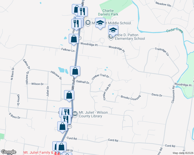 map of restaurants, bars, coffee shops, grocery stores, and more near 5004 Timber Trail Drive in Mount Juliet